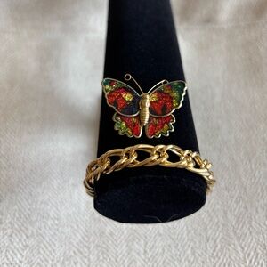 Gold 2 piece vintage jewelry set - Bracelet/Butterfly Pin